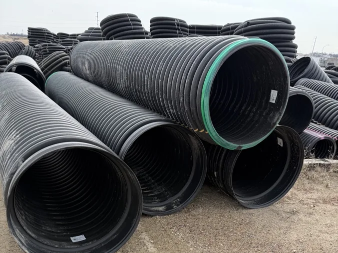 Rows of HDPE culvert and drainage pipe in stock at the Swenson Supply yard